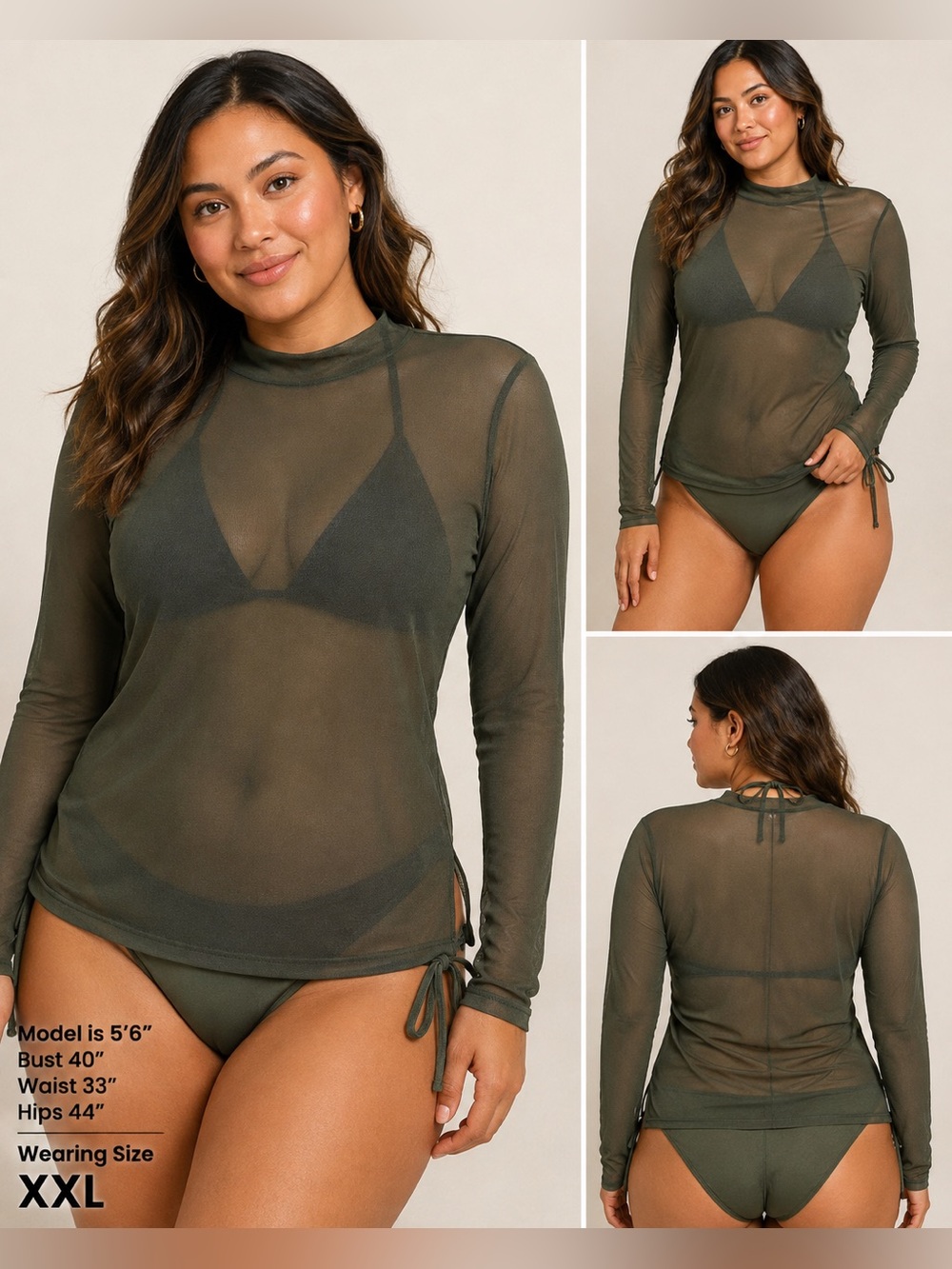 CALIA Draped Funnel Long Sleeve Sheer Mesh Top XXL Ivy Green NWT